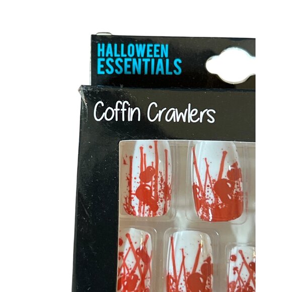 Halloween Essentials Coffin Crawlers 24pk Self-Adhesive Red White Press On Nails - Picture 2 of 5